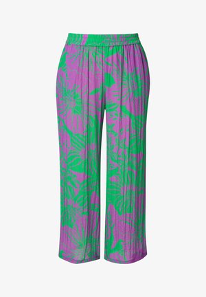 Lilla og grønne mønstrede brede bukser med elastisk talje; har store blomsterdesigns og et let, tekstureret stof.