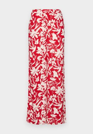 Red floral maxi skirt made of lightweight fabric. Features large white flower patterns and a fitted waist, offering a straight silhouette.
