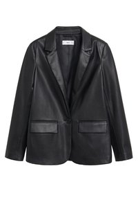 Blazer en cuir noir avec un col cranté, une fermeture à un bouton et deux poches avant. Texture lisse avec une coupe ajustée.