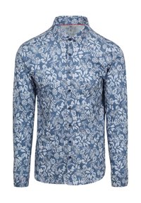 Blauw overhemd met knopen, versierd met een wit bloemen- en bladerenpatroon, lange mouwen en een klassieke kraag. Gemaakt van lichtgewicht stof.