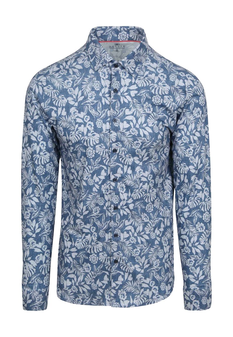 Blauw overhemd met knopen, versierd met een wit bloemen- en bladerenpatroon, lange mouwen en een klassieke kraag. Gemaakt van lichtgewicht stof.