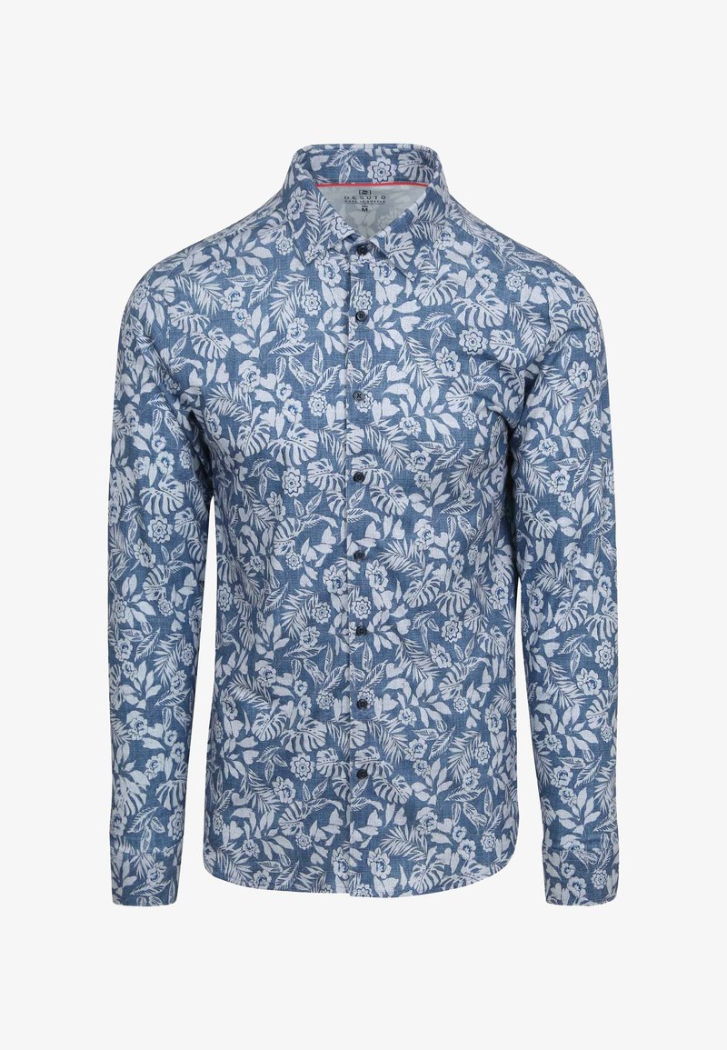 Blauw overhemd met knopen, versierd met een wit bloemen- en bladerenpatroon, lange mouwen en een klassieke kraag. Gemaakt van lichtgewicht stof.