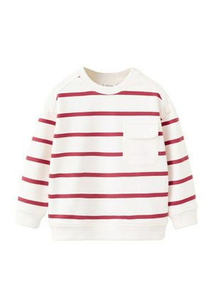 Pull blanc à manches longues avec des rayures horizontales rouges et une poche poitrine blanche unie avec un rabat à l'avant.