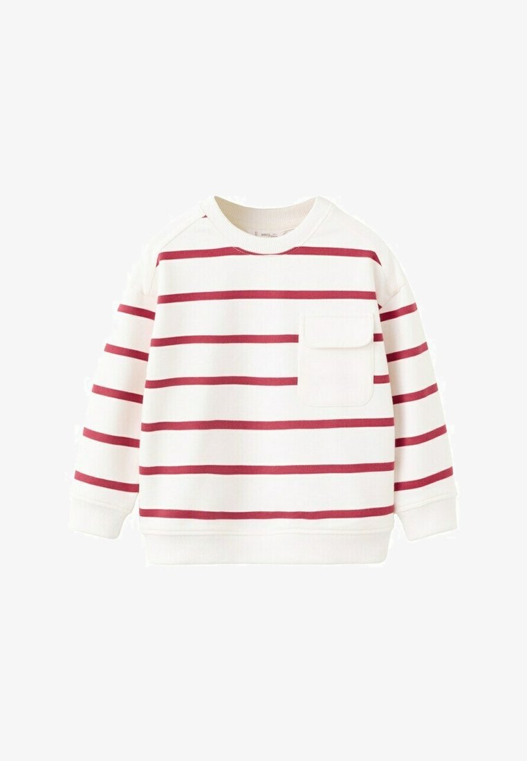 Bijeli džemper dugih rukava s vodoravnim crvenim prugama i bijelim džepom na prsima s preklopom sprijeda.