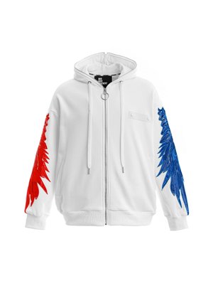 Sudadera blanca con cremallera y capucha con diseño de ala roja en la manga izquierda y diseño de ala azul en la manga derecha, con capucha ajustable con cordón.