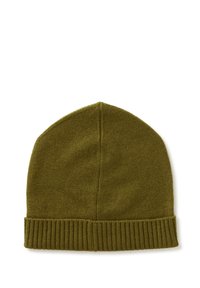 Cappello beanie a maglia verde oliva con parte superiore tondeggiante e polsino a coste, realizzato in materiale morbido, caratterizzato da un design senza cuciture e senza motivi visibili.