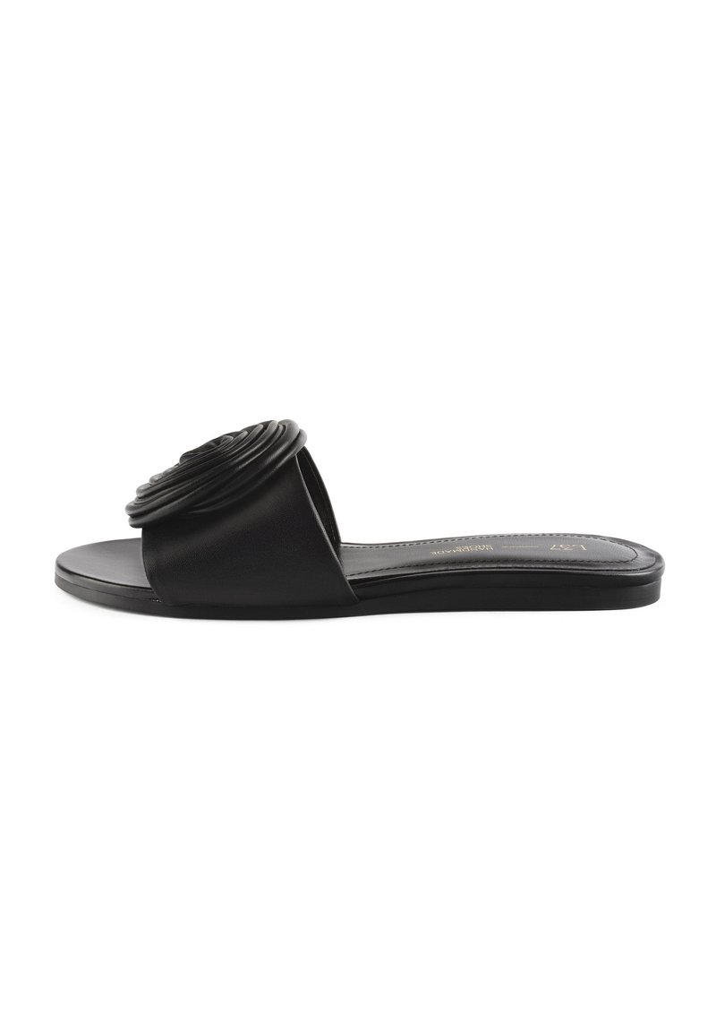 Infradito neri realizzati in pelle liscia. Presentano un motivo a fiore arrotondato e texture sull'inserto e una suola piatta. Senza tacco.