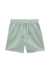 Shorts de bain rayés verts et blancs, dotés d'une taille élastique avec un cordon de serrage, de poches latérales et d'une texture douce.