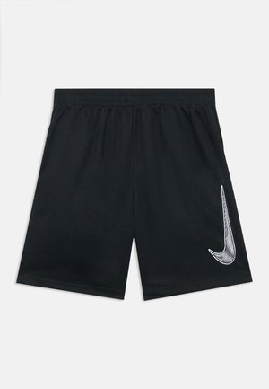Schwarze Sportshorts mit elastischem Bund und großem weißem Nike-Swoosh-Logo am rechten Bein.