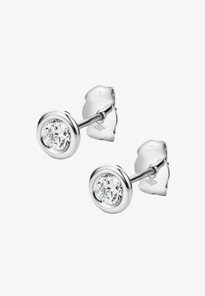 Silvriga stiftörhängen med en rund design och en klar diamantliknande sten inlagd i en cirkulär fatning, med polerad yta och slät textur.