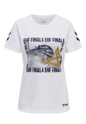 Hvid bomulds t-shirt med grafisk design, der har teksten "EHF FINAL4" i marineblå og guld, korte ærmer og rund hals.