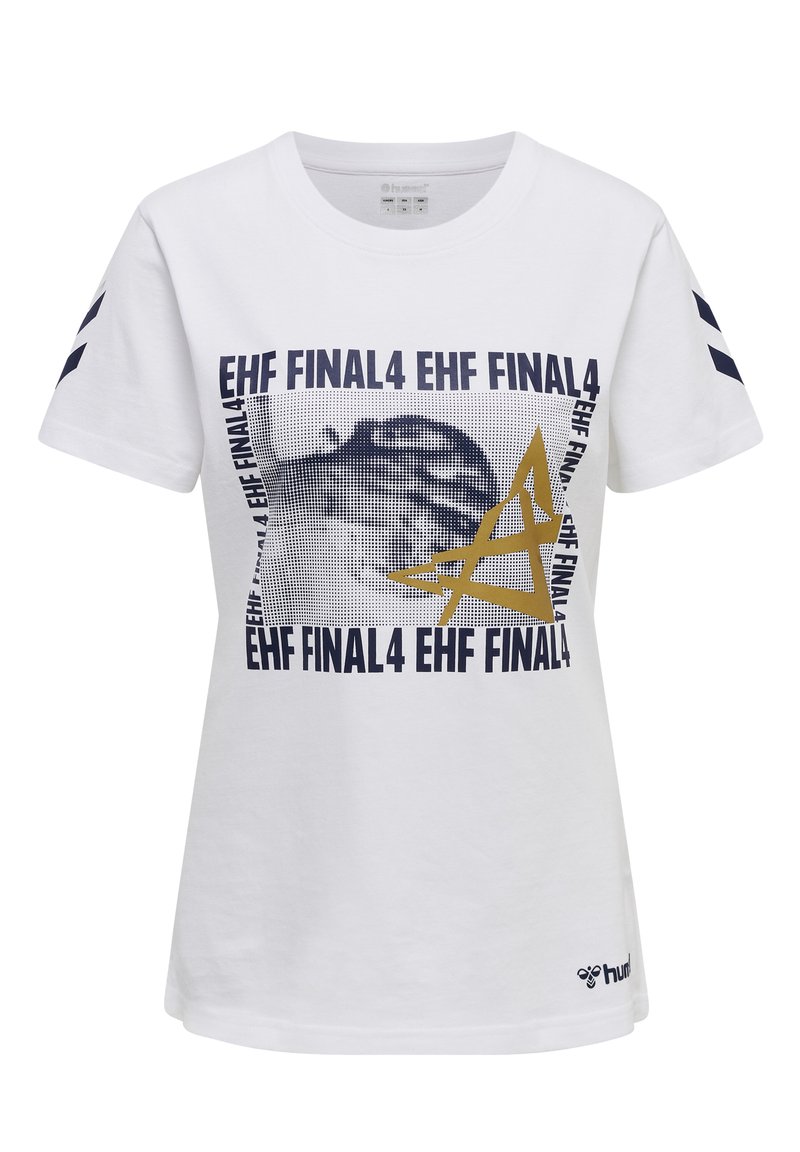 Biała bawełniana koszulka z krótkim rękawem, z nadrukiem graficznym z tekstem "EHF FINAL4" w granatowym i złotym kolorze oraz okrągłym dekoltem.