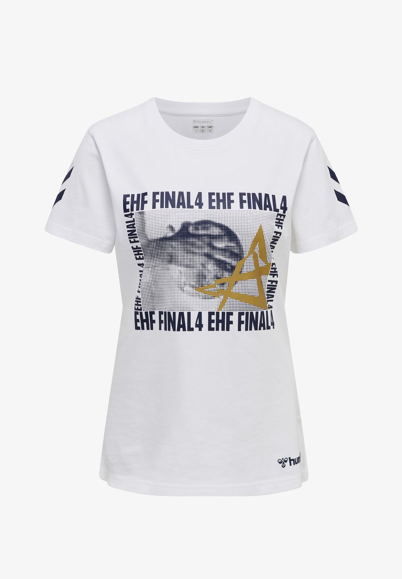 Biała bawełniana koszulka z krótkim rękawem, z nadrukiem graficznym z tekstem "EHF FINAL4" w granatowym i złotym kolorze oraz okrągłym dekoltem.