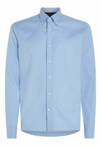 Camicia azzurra a maniche lunghe con colletto button-down, caratterizzata da bottoni bianchi lungo la patta frontale e una texture liscia.