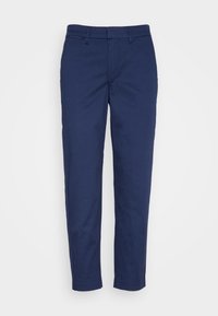 Pantalons droits bleu marine avec passants de ceinture, poches avant et fermeture éclair, sur un fond blanc.
