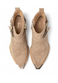 Stivali ankle in suede beige con punta affusolata, dettagli metallici argento alle punte e perline decorative sul lato.