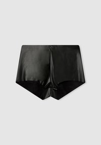 Pantaloni corti neri in finta pelle con una finitura liscia, caratterizzati da una vita alta e un design aderente. La fodera interna è morbida e testurizzata.
