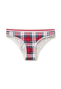 Damesbikini met een geruit patroon in rood, marineblauw en groen, en een witte tailleband met rode en marineblauwe strepen.