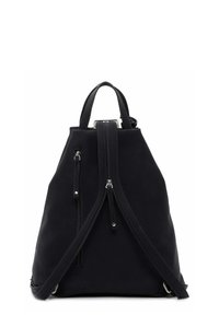 Svart tygväska med texturerad yta, utrustad med två dragkedjeförsedda fack och justerbara axelband. Metallaccenter i silver.