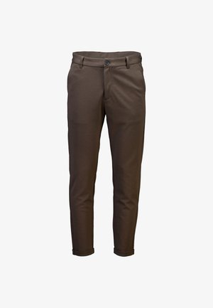 Pantaloni marroni su misura con una vestibilità slim, dotati di una chiusura a singolo bottone, tasche anteriori e orli arrotolati per un finale elegante.