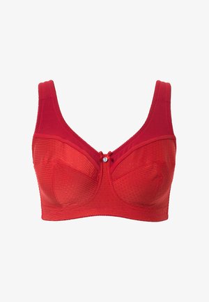 Czerwona bielizna z teksturowanej tkaniny, szerokimi ramiączkami i centralną dekoracyjną kokardą z małym dodatkiem. Miękki materiał i wspierająca konstrukcja.