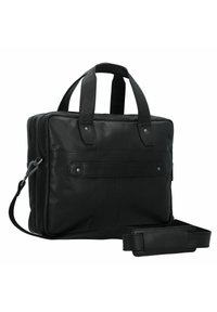 Schwarze Lederaktentasche mit doppelten Griffen, verstellbarem Schultergurt, Reißverschluss und Fronttasche, die durch silberne Beschläge akzentuiert wird.