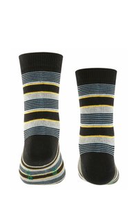 Czarno-szare skarpety z poziomymi paskami w niebieskim i żółtym kolorze, o gładkiej fakturze i wygodnym wzorze mankietu.