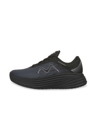 Black and gray athletic shoes featuring a textured upper, wavy design, sturdy sole, and reflective accents. Enhanced grip for stability.