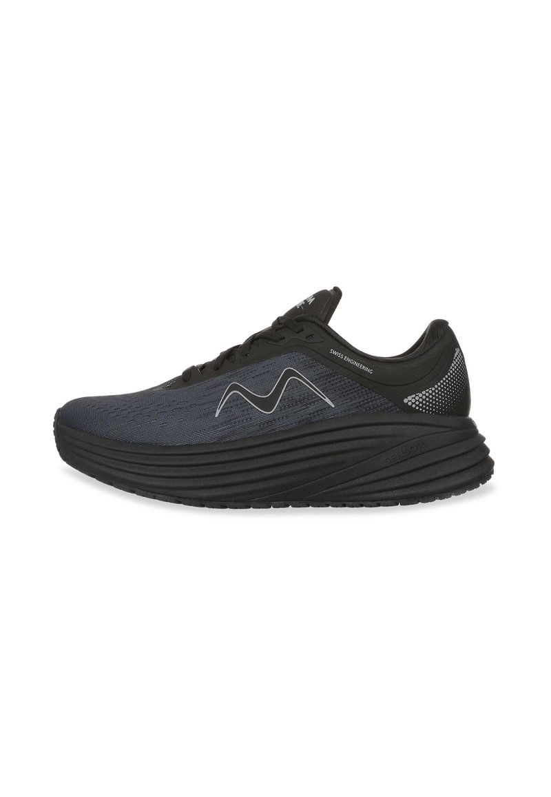 Black and gray athletic shoes featuring a textured upper, wavy design, sturdy sole, and reflective accents. Enhanced grip for stability.