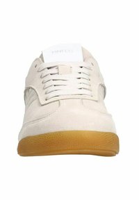 Sneaker mit einem Obermaterial aus beigem Wildleder, flachen Schnürsenkeln und einer Sohle aus Gummi. Bietet ein minimalistisches Design und gestickte Akzente an den Seiten.