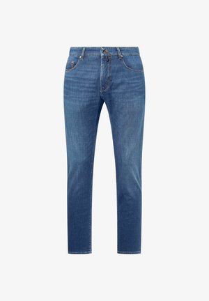 Blaue Jeans mit geradem Bein, vorne mit Taschen, Gürtelschlaufen sowie einem Knopf- und Reißverschluss.