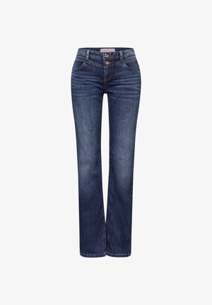 Jean en denim bleu foncé avec jambes droites, deux poches avant, passants pour ceinture et fermeture à double bouton à la taille.