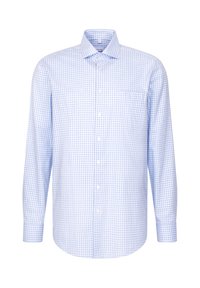 Camicia button-up a quadri blu chiaro con maniche lunghe, colletto e taschino sul petto. Realizzata in un tessuto dalla consistenza liscia.