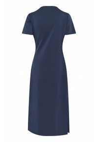 Navy blue dress with short sleeves, a round neckline, a relaxed fit, and a side slit at the hem. Made of a smooth, lightweight fabric.