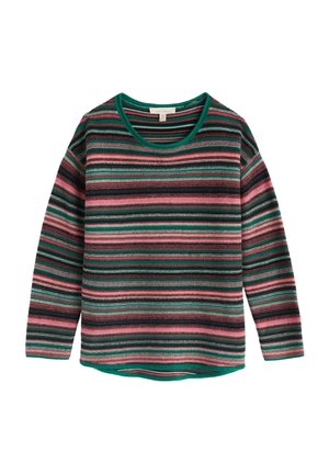 Gestreepte lange mouwen trui met groene afwerking, met horizontale strepen in roze, zwart en teal. Zachte textuur, relaxte pasvorm.