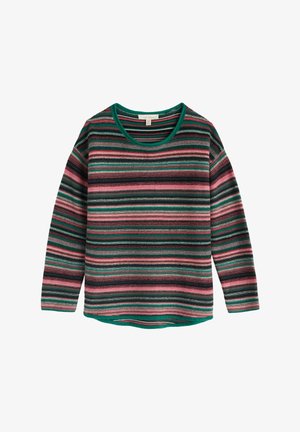 Maglione a maniche lunghe a righe con rifiniture verdi, caratterizzato da righe orizzontali in rosa, nero e teal. Texture morbida, vestibilità rilassata.