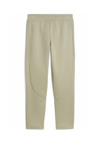 Pantalones deportivos verde claro con cintura elástica, bolsillos laterales y detalles de costura curvada en las piernas. Textura de tela suave.