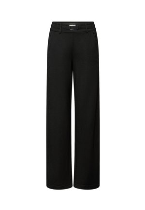 Black wide-leg trousers with an elastic waistband and silver buckle detail. Features front pockets and smooth fabric texture.