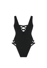 Black one-piece swimsuit with a deep V-neckline, crisscross detailing at the front, and cut-out accents on the sides. Smooth fabric texture.