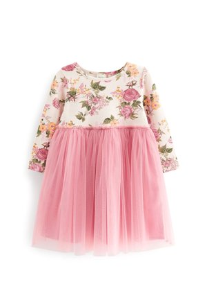 Długo rękawowa sukienka dla małych dzieci z górą w kwiatowy wzór i różową tiulową spódnicą, z okrągłym dekoltem.