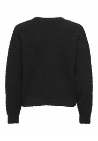Schwarzer, strukturiertes Sweater mit einem cropped Design, der lange Ärmel und einen runden Halsausschnitt hat. Der Stoff hat ein weiches, erhabenes Muster.