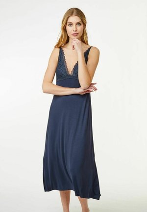 Navy blue nightdress with a deep V-neck, embellished lace trim, and soft fabric. Mid-length style with a flowing silhouette.