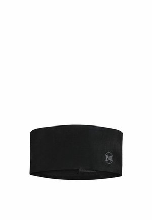 Cinta de tela negra con un pequeño logo redondo "Buff" en el lateral, diseñada para deportes o uso al aire libre.