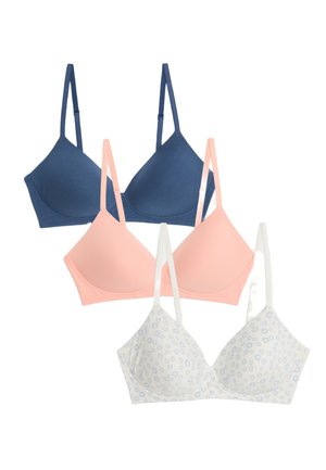 Three bras: one navy blue, one light pink, and one white with blue floral patterns. All feature thin adjustable straps and a smooth texture.