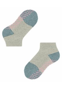 Helle graue Knöchelsocken mit blauen Akzenten an Ferse und Zehen. Mit pink gegriffenem Stich an den Sohlen für zusätzlichen Halt. Textur ist einheitlich.