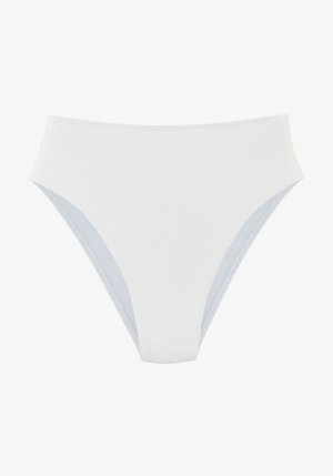 Valge ribadega bikiinipüksid kõrge vöökoha disainiga. Sujuv helesinine vooder äärtega. Omab pehmet tekstuuri ja õmblusteta konstruktsiooni.