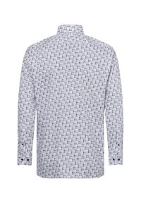 Wit overhemd met lange mouwen en een blauw geometrisch patroon. Voorzien van een kraag, knoopmanchetten en een rechte zoom. Gemaakt van lichtgewicht stof.