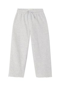 Pantalon de survêtement gris clair à coupe décontractée, en tissu de coton doux, avec taille élastique et cordon de serrage pour un ajustement personnalisé.
