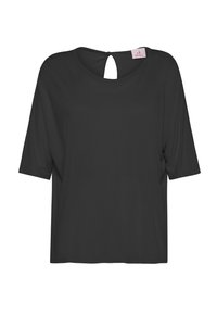 Zwarte dames top met korte mouwen, een ronde halslijn en een kleine achterkant met een sleutelgatopening, vastgemaakt met een knoop.