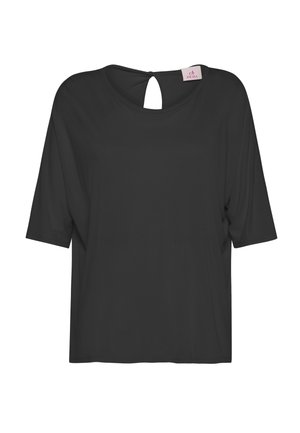 Musta naisten lyhythihainen paita pyöreällä pääntiellä ja pienellä takana olevalla avauksella, joka on solmittu nyörillä.